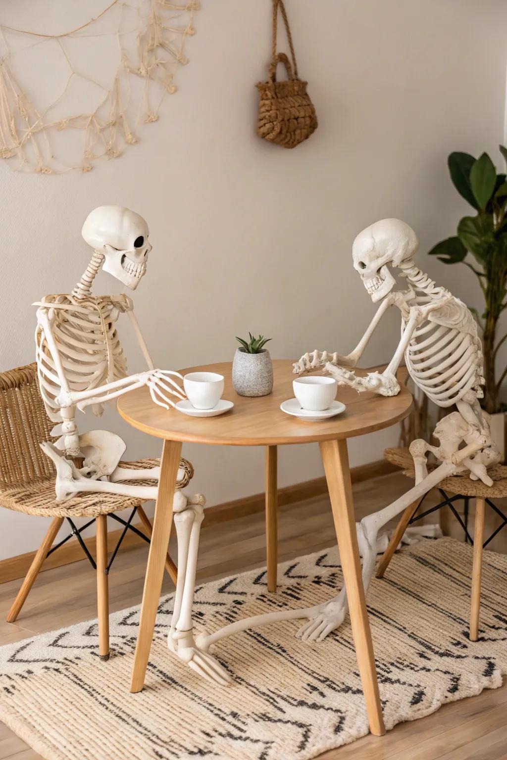 Skeletons enjoying a stylish tea party – where minimalist charm meets spooky fun!