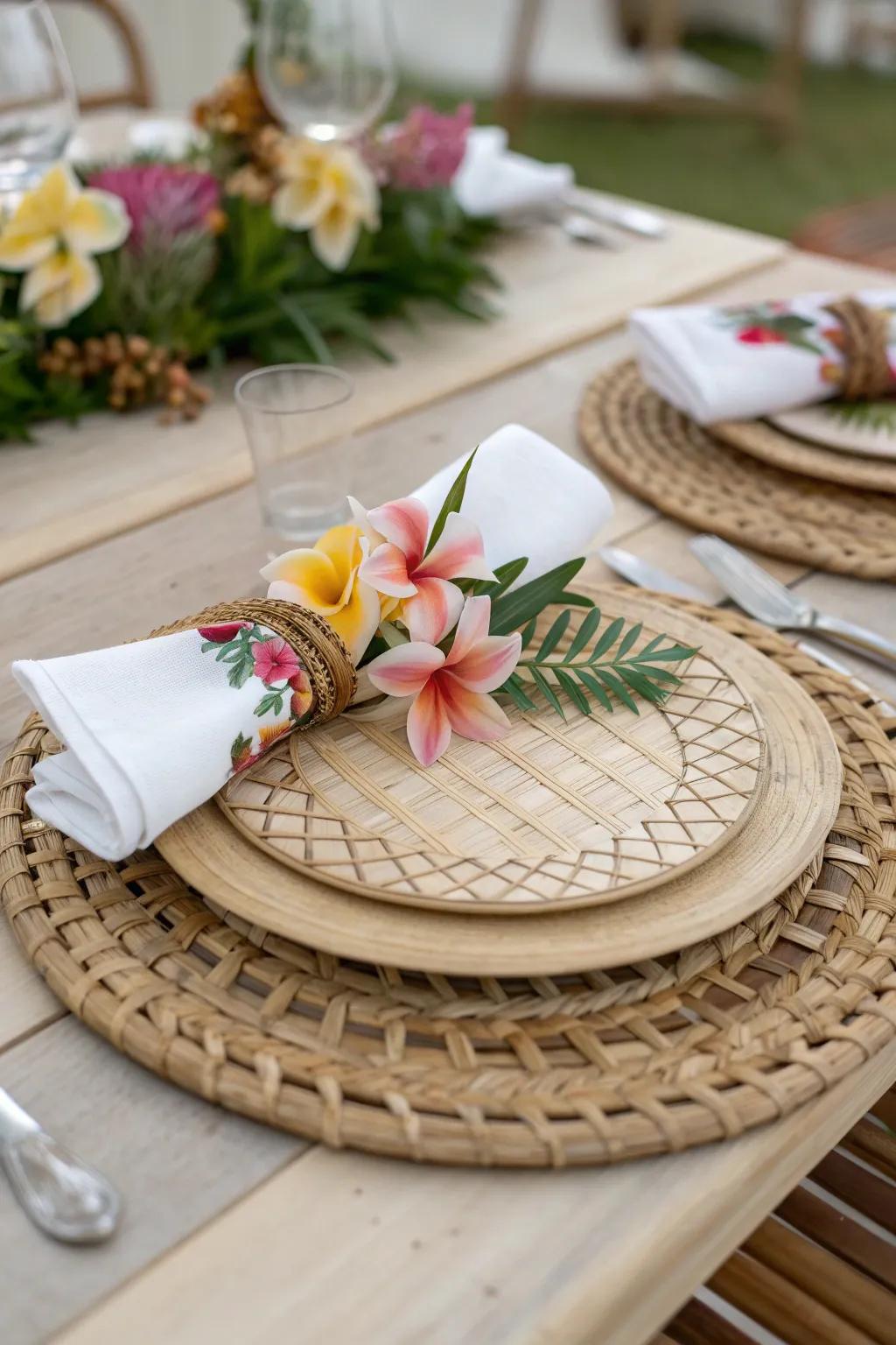 Transform your table into a tropical paradise with this stunning luau-themed setting. 🌺 #TableDecor #HawaiianStyle