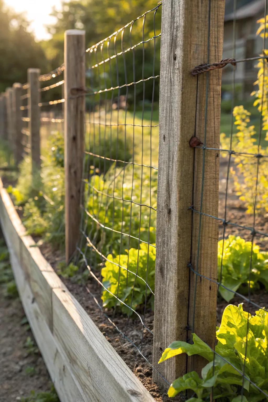 Enhance your garden's charm with a rustic hog wire fence, combining durability and aesthetic appeal.