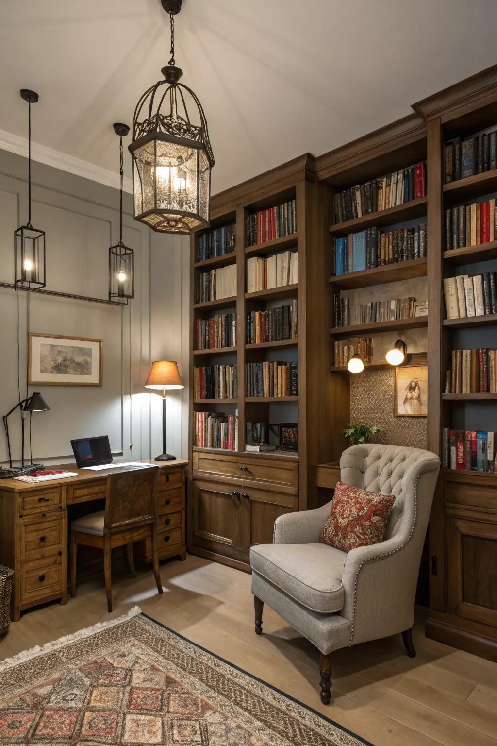 Blend modern and traditional lighting for a harmonious library design.