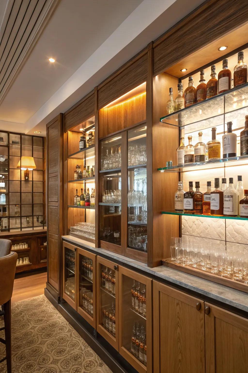 A unique glassware display adds elegance and functionality.