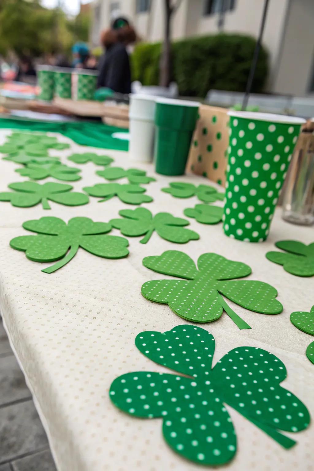 Quirky shamrock cutouts with polka dot patterns.