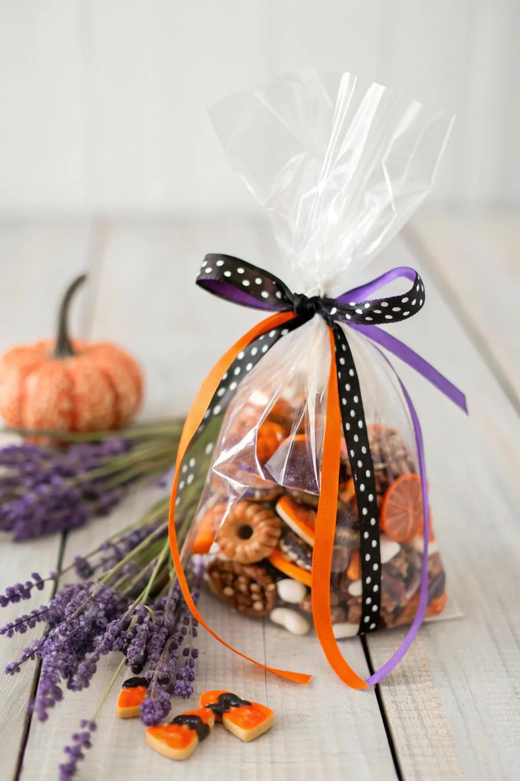 Elevate your Halloween with these charming ribbon-tied treat bags, where simplicity meets vibrant elegance.