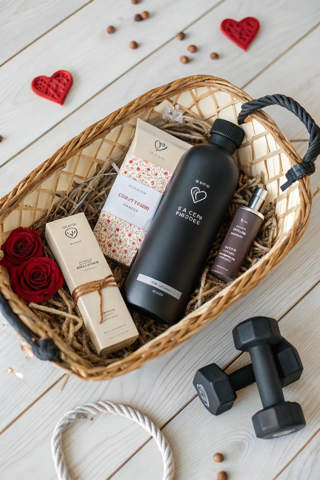 Celebrate his passion for fitness with a thoughtfully curated Valentine's Day basket, blending minimalist style with a personal touch.