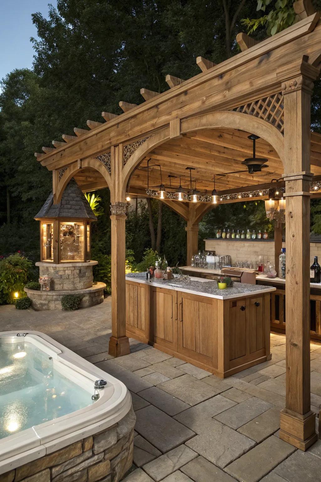 Elevate your outdoor space with a handcrafted pergola that transforms your hot tub bar into an inviting retreat.