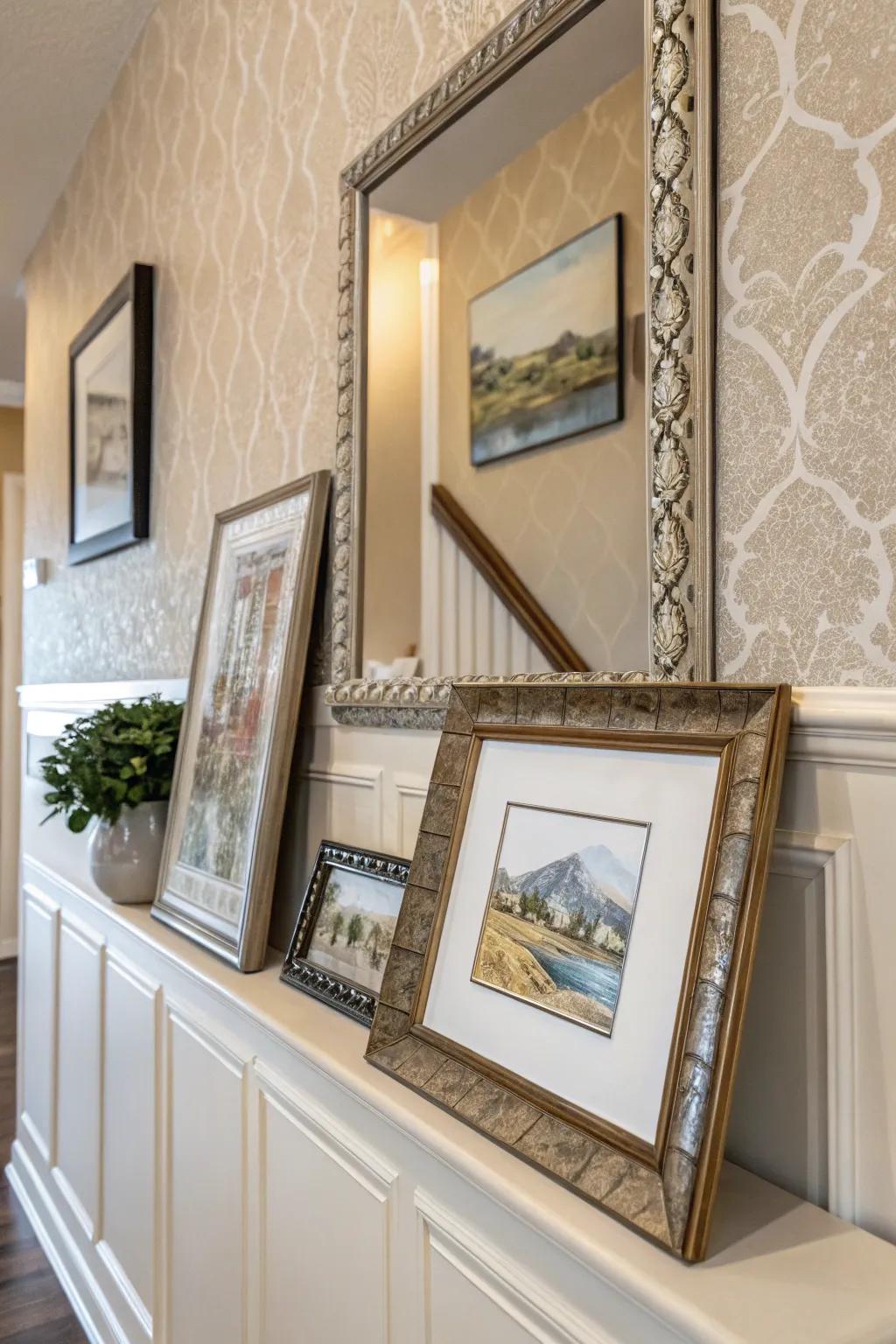 Create an artful display with framed pieces on your ledge.