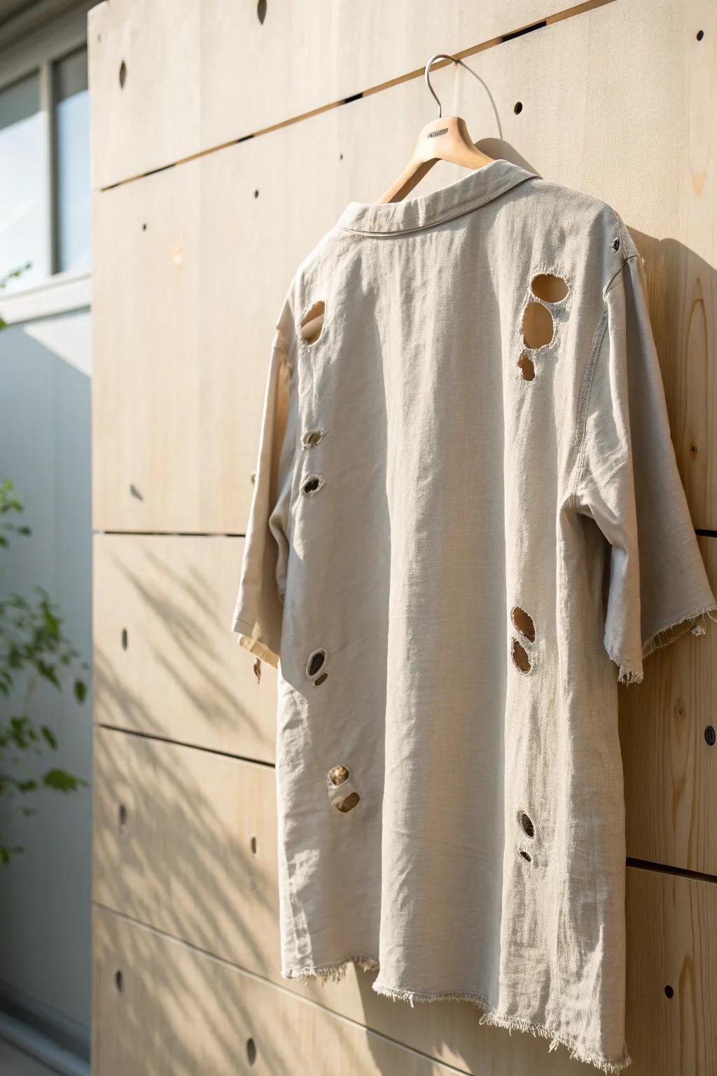 Embrace bold elegance with artfully distressed details. Perfect for those who love a touch of drama in minimalist fashion.