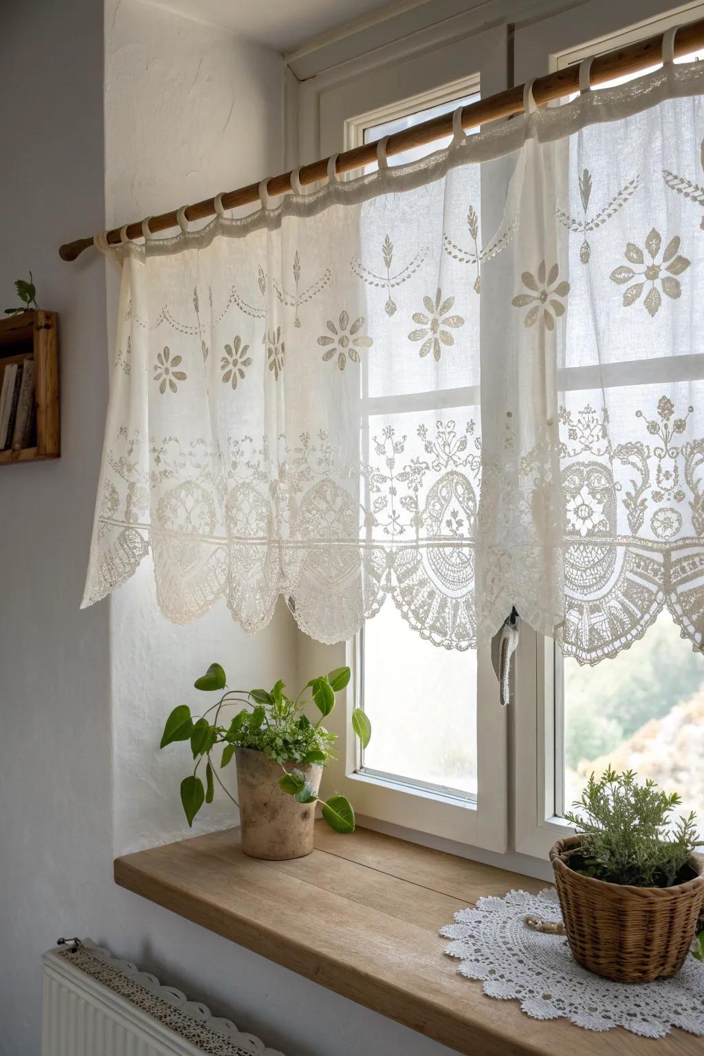 Transform vintage charm into timeless elegance with a lace tablecloth valance.
