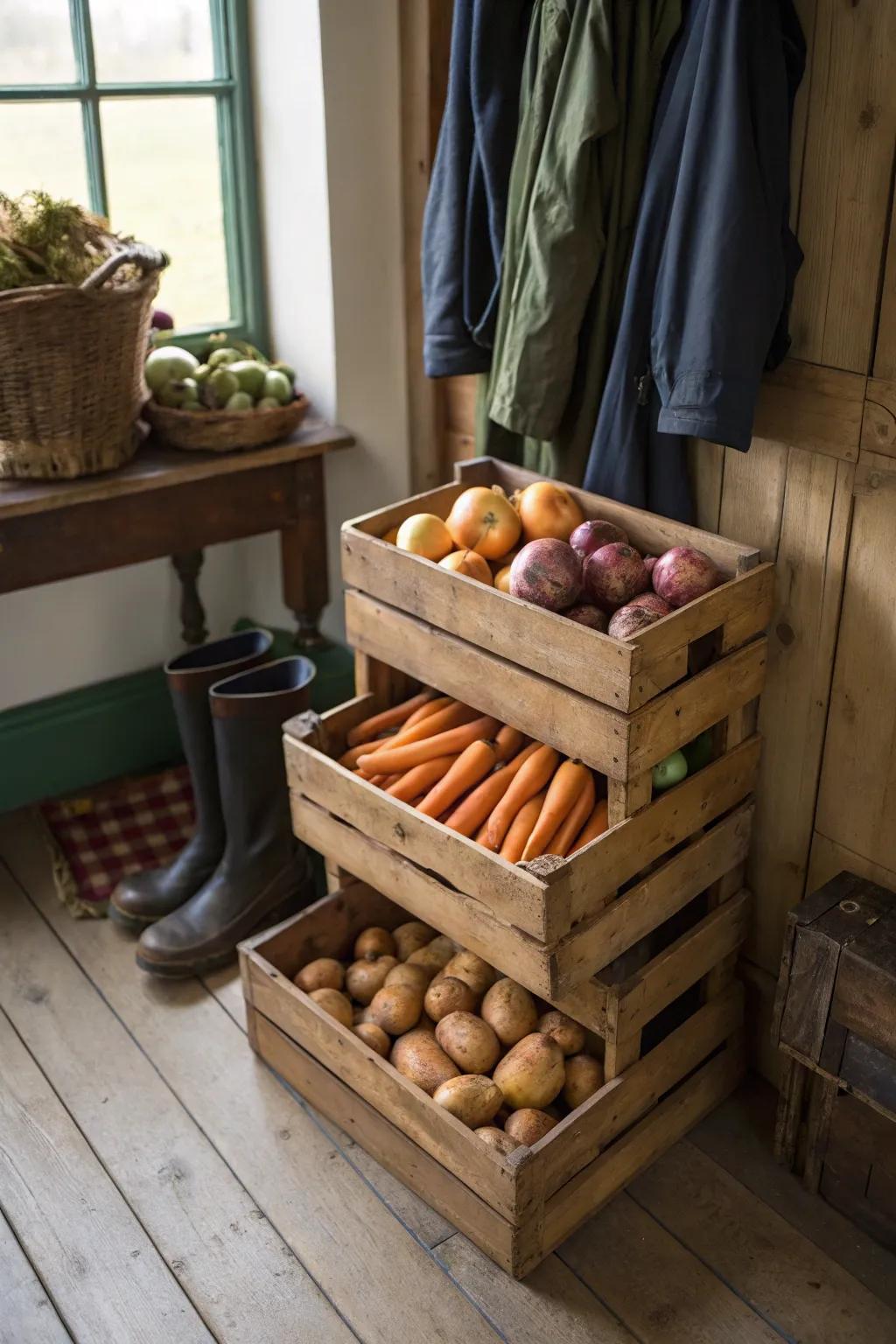 Crates in the mudroom provide an unexpected yet practical storage solution for root veggies.