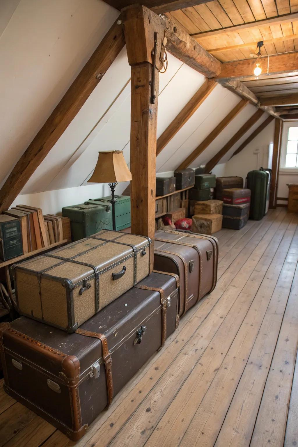 Store infrequently used luggage in the attic for space efficiency.