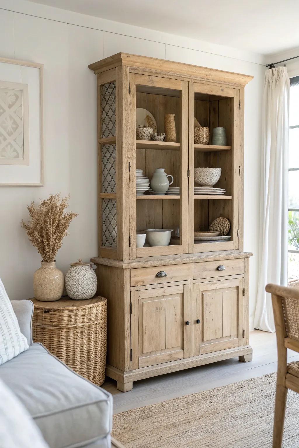Embrace simplicity: A refreshed hutch for showcasing your favorite ceramics.