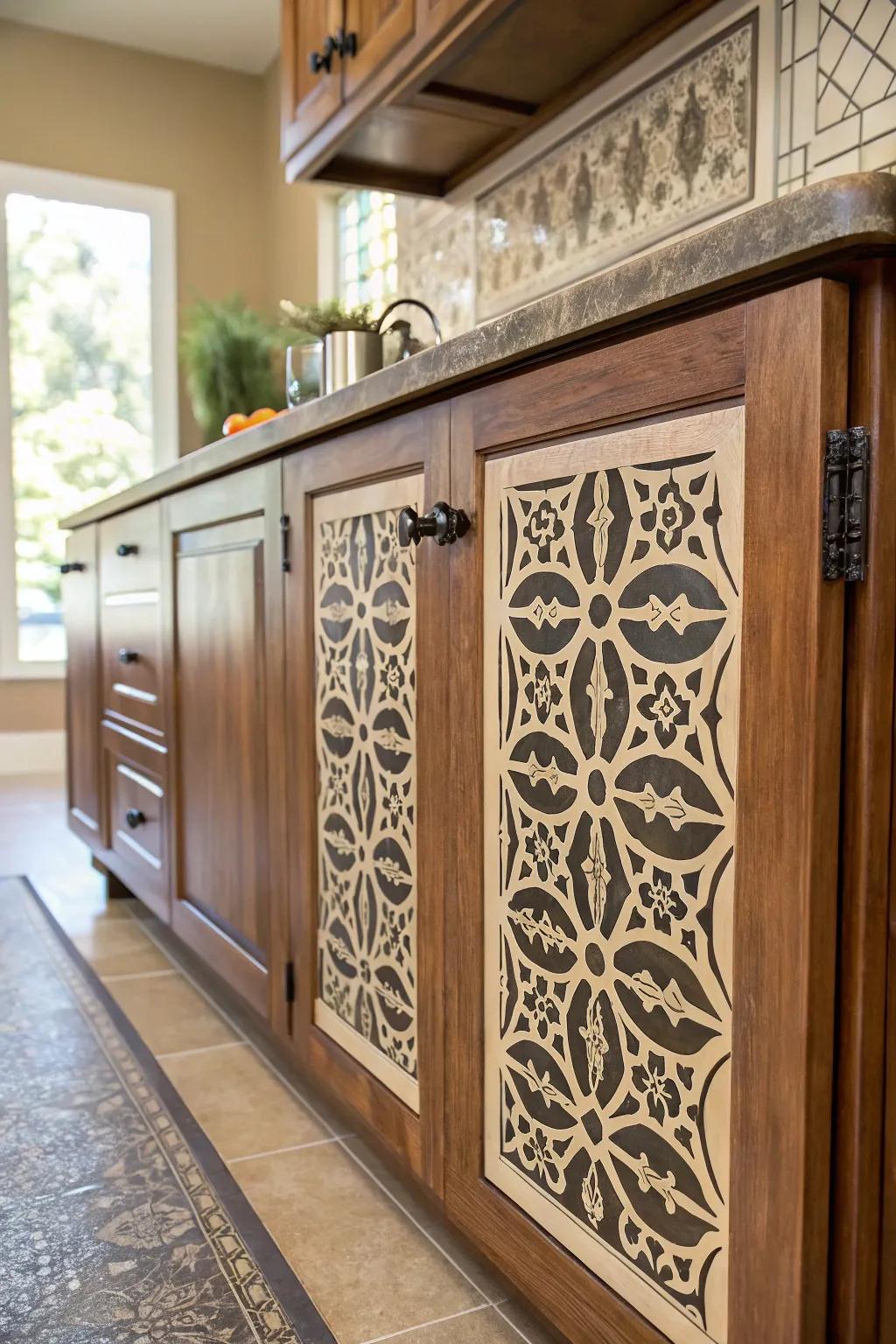 Transform your kitchen with artistry: Stunning stencil designs breathe new life into classic cabinets.