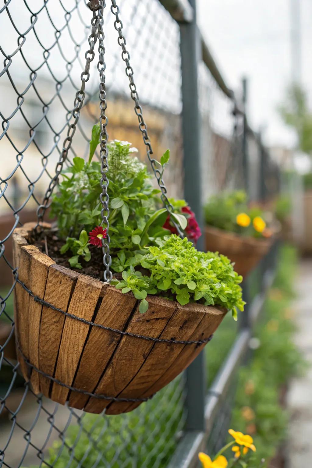 Elevate your fence with a touch of craftsmanship: a vertical garden that brings color and life to your space.