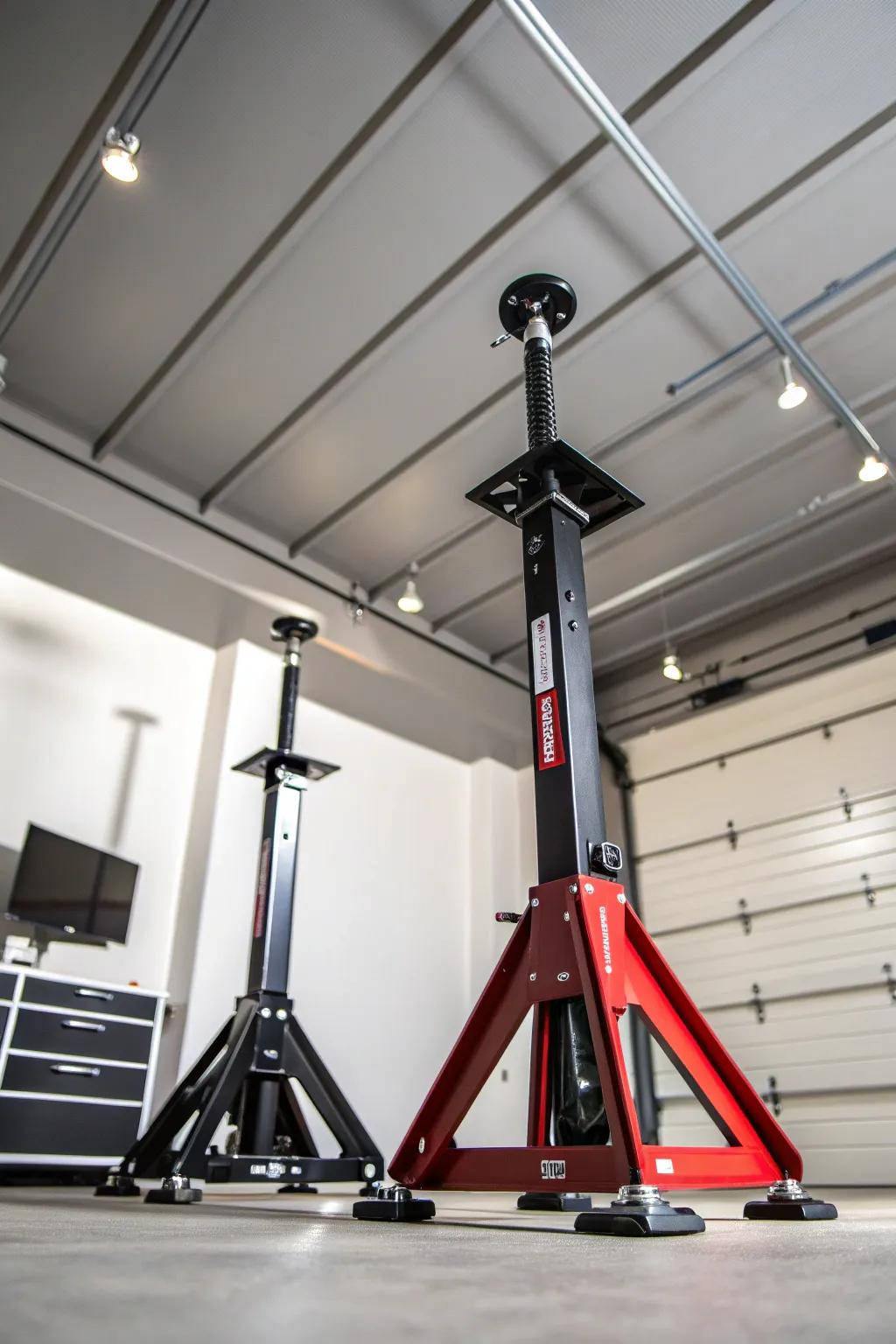 Maximize your garage space with this ingenious ceiling-mounted jack stand storage solution. Perfect for those who appreciate craftsmanship and efficiency.