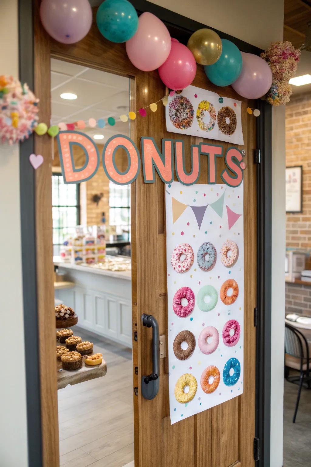 Playful word play with donut decor adds humor and charm.