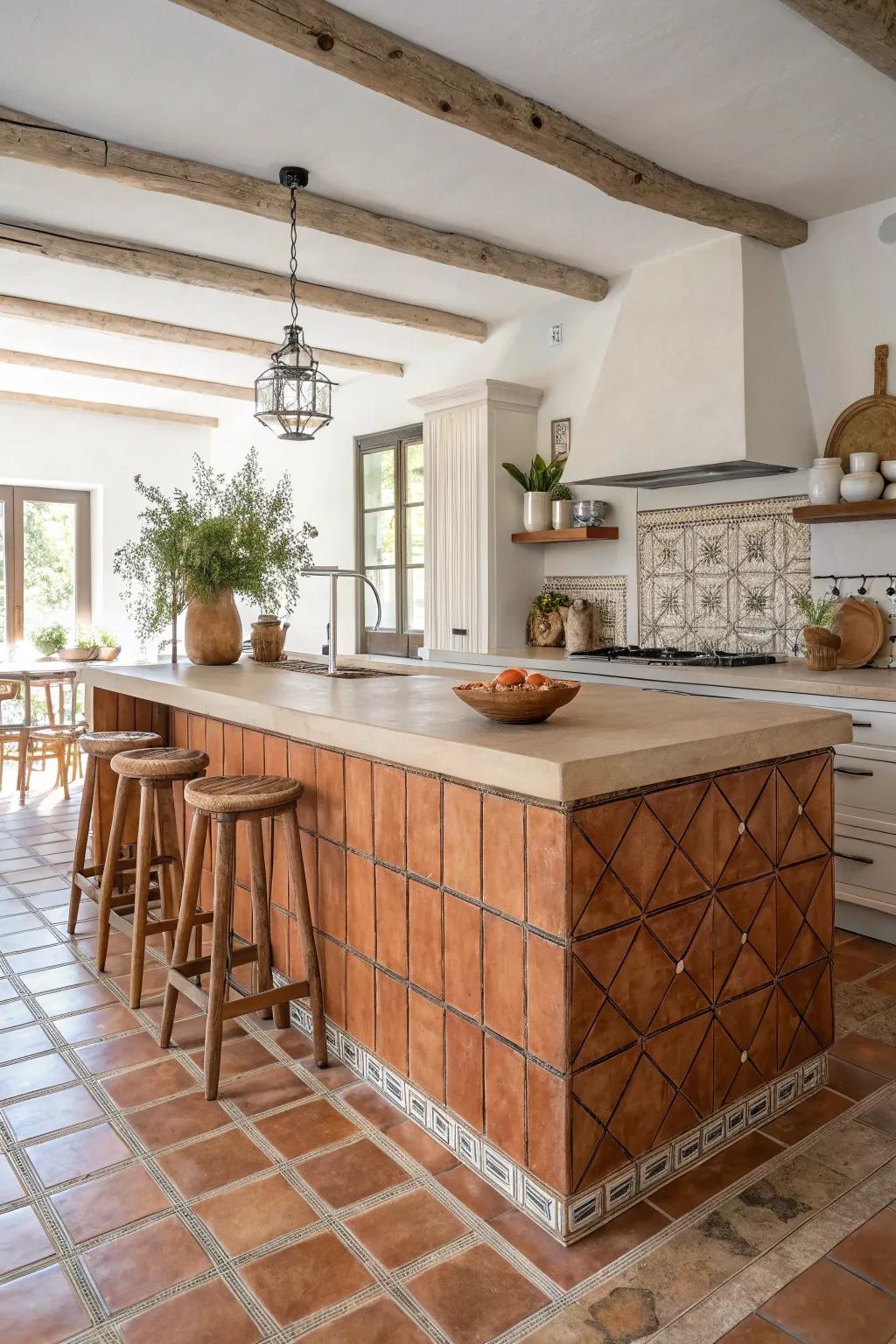 Embrace the warmth of Mediterranean elegance with terracotta tiles that transform your kitchen island into a rustic masterpiece.