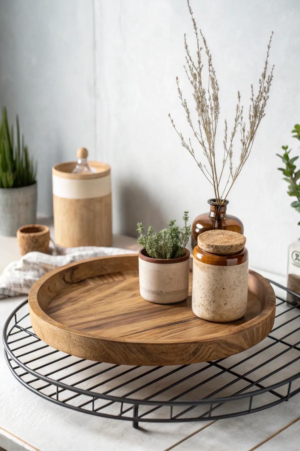 Revolutionize your kitchen organization with a touch of elegance. Discover the charm of a wooden lazy Susan on wire shelves.