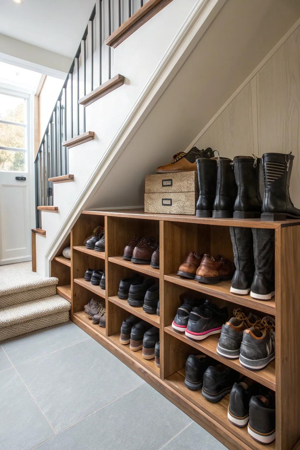 Elevate your space with crafted elegance: Discover the art of shoe storage under the knee wall.
