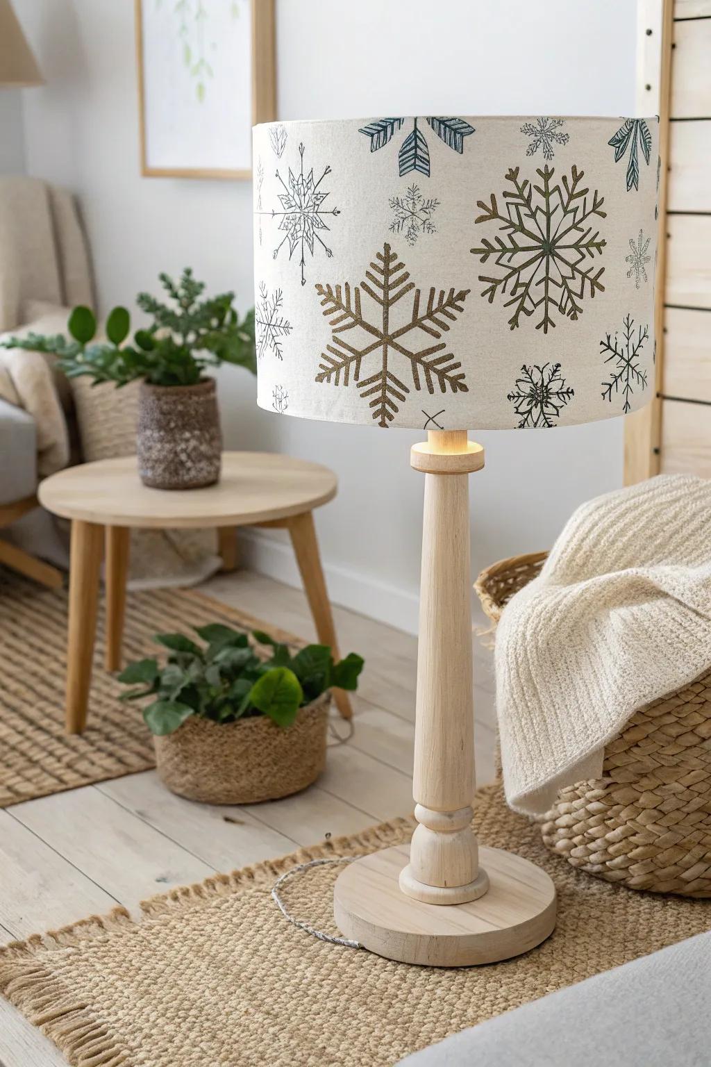 Illuminate your space with seasonal charm: a snowflake-adorned lampshade that captures the essence of winter wonder.