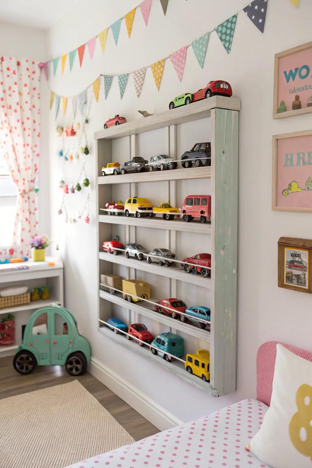 Repurposed spice racks are a unique storage option.