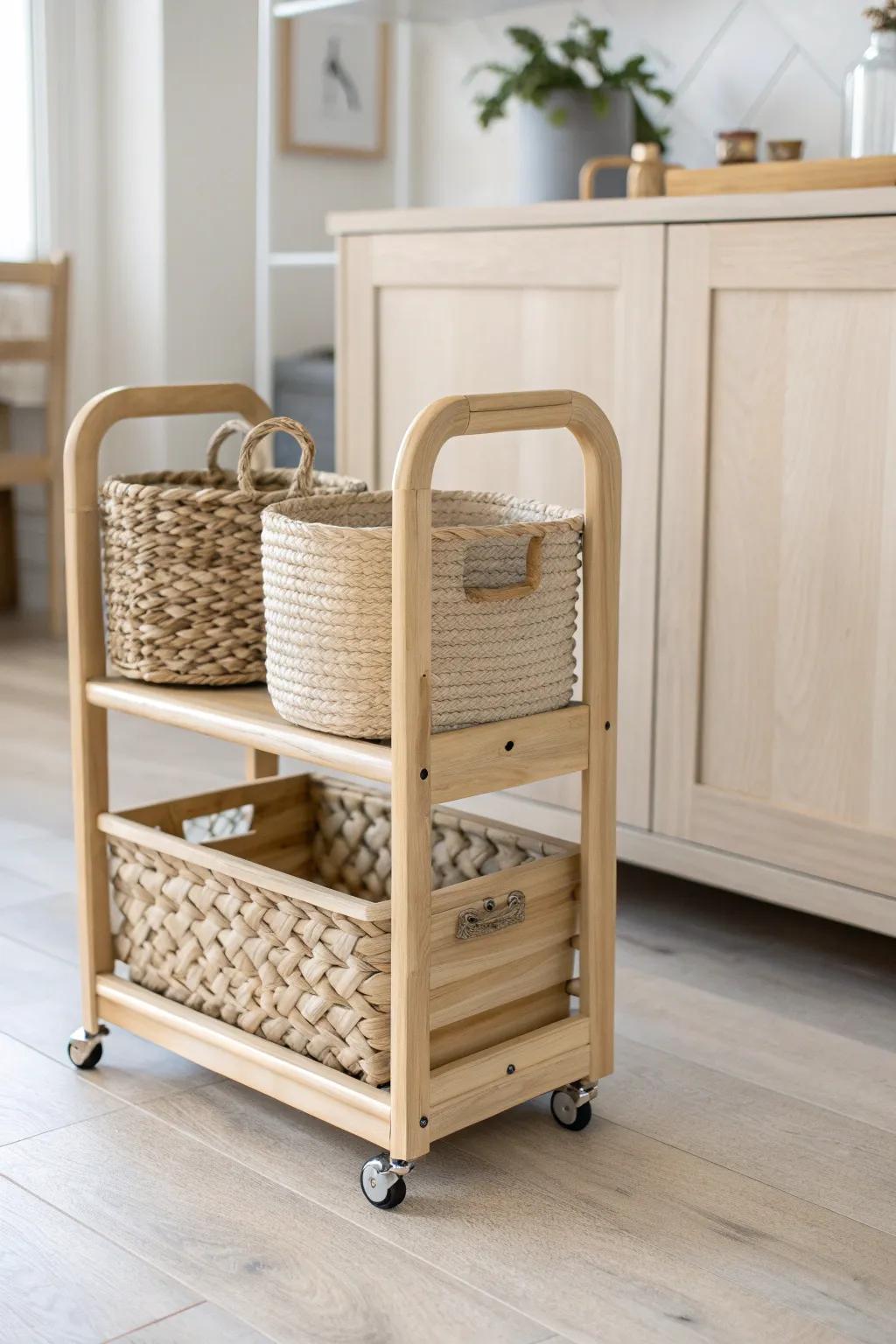 Effortlessly stylish and functional: A rolling cart that keeps toys organized with Scandinavian elegance.