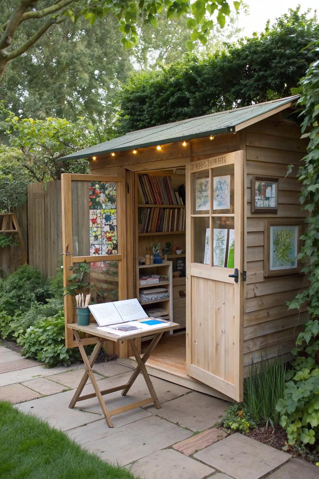 Transform your shed into a haven of creativity and craftsmanship with this enchanting tiny hobby studio.