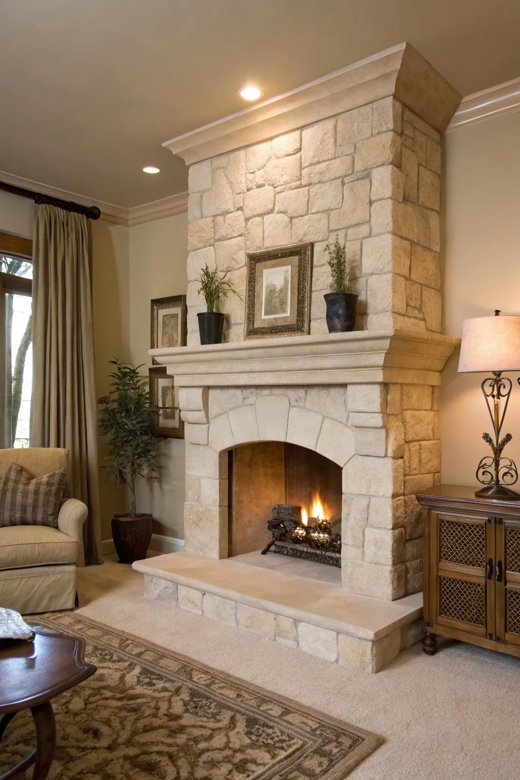 Neutral tones create a cohesive look with a light stone fireplace.