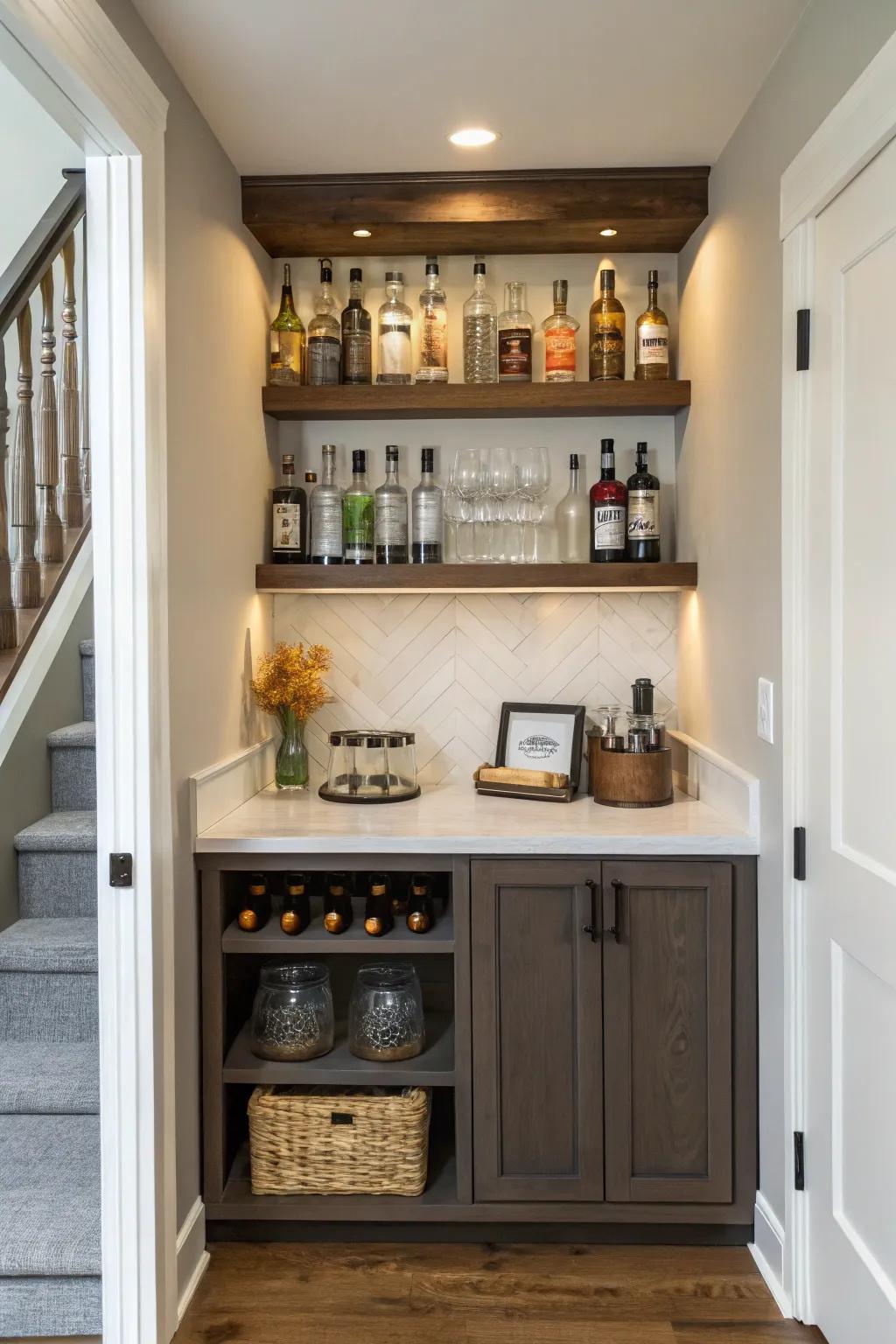 A niche bar corner maximizes space elegantly.