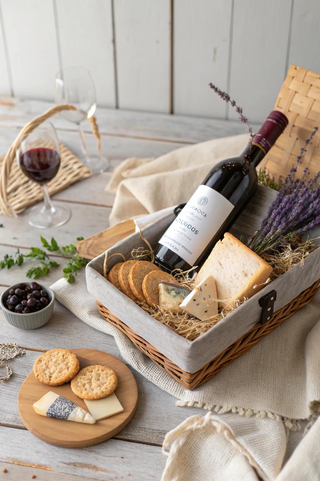 Elevate your gifting with a sophisticated wine and cheese basket—perfect for a cozy date night.