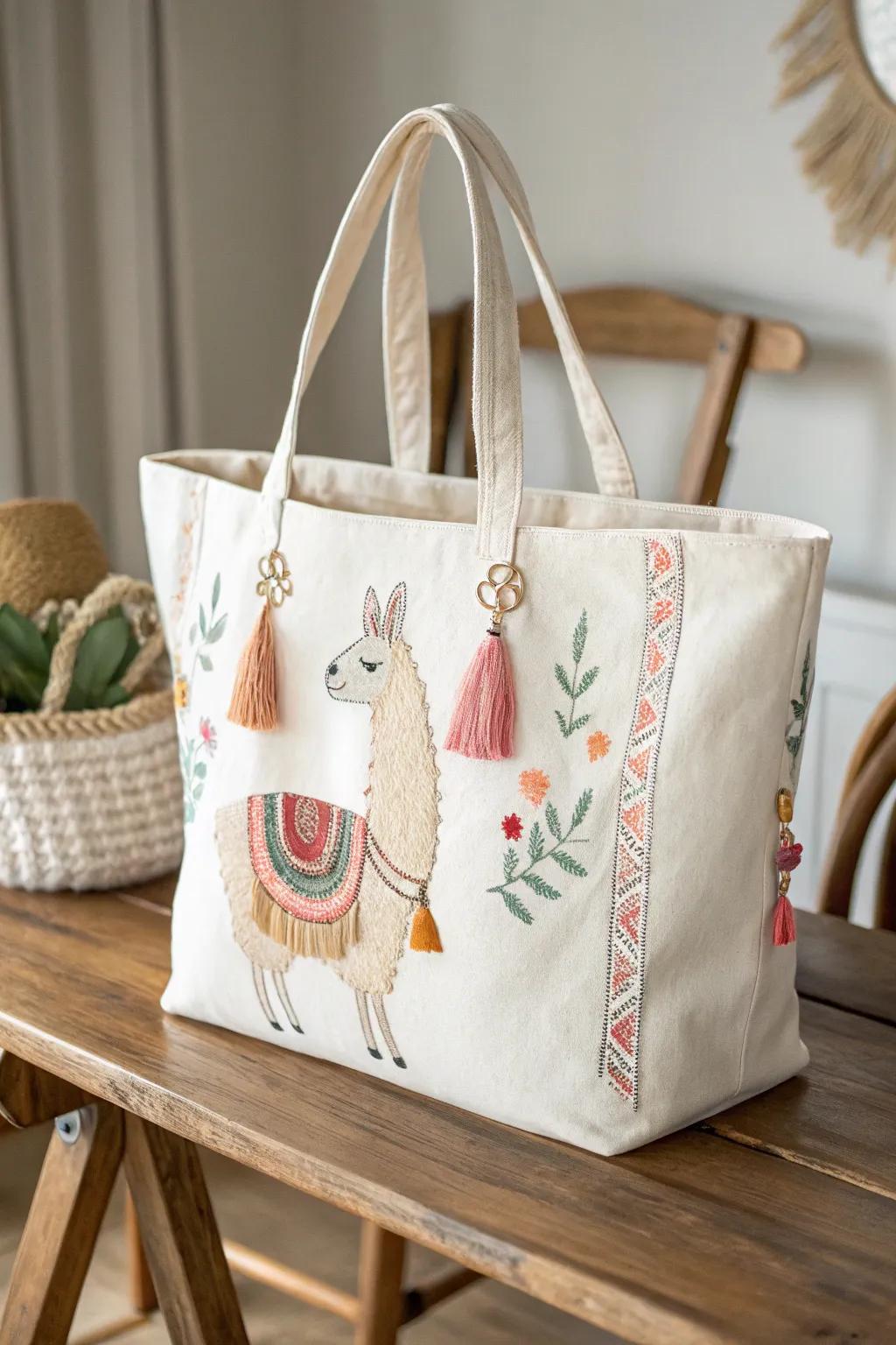 Elevate your style with a touch of whimsy and craft – discover the charm of llama embellished tote bags.