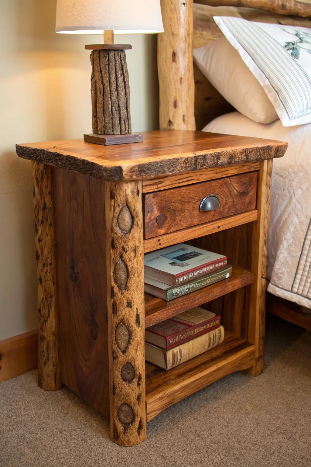 Elevate your bedroom with the rustic elegance of a handcrafted log nightstand.