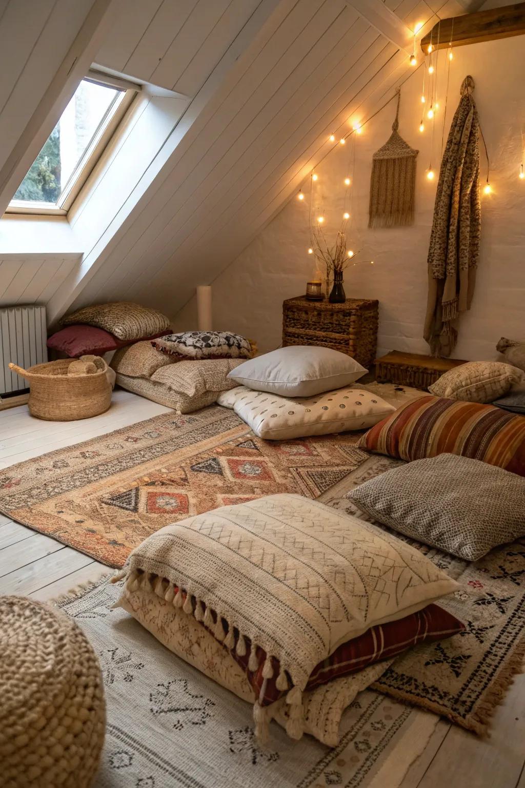Warm textures add depth and coziness to small attic rooms.