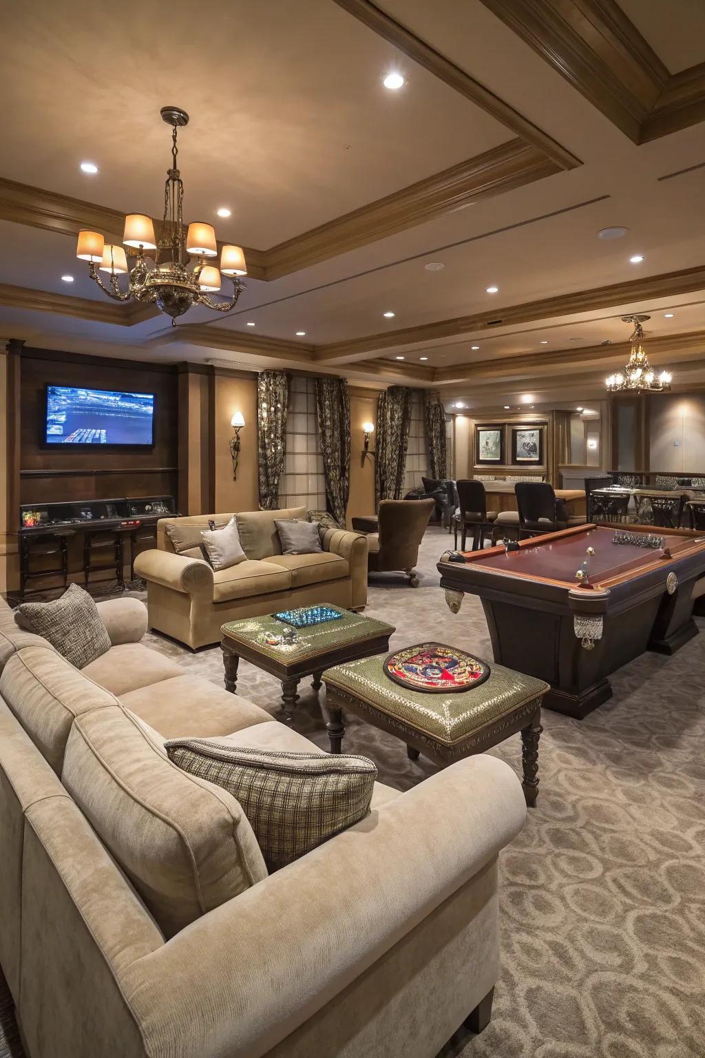 High-end furniture adds comfort and luxury to a game room.