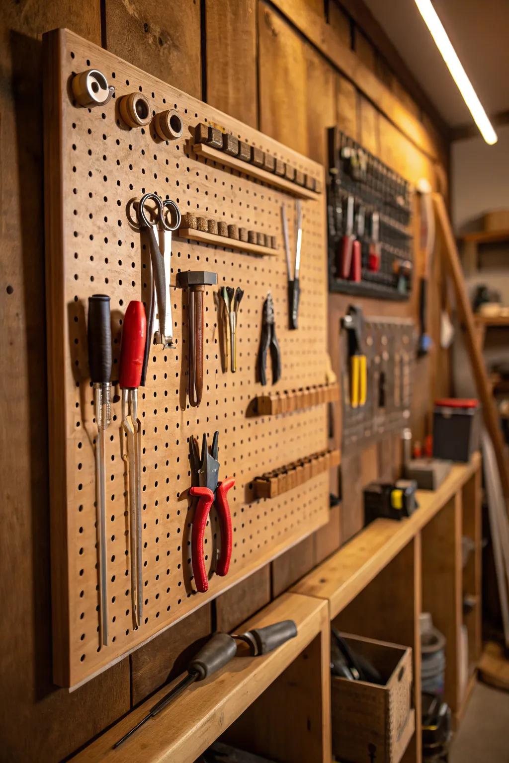 Craft your perfect workspace with a versatile pegboard—where every tool has its place.