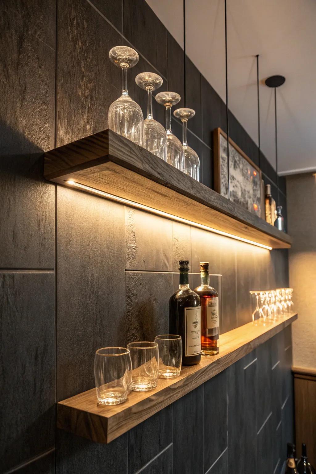 Elevate your man cave with sleek floating shelves—perfect for showcasing your finest spirits and glassware in style.