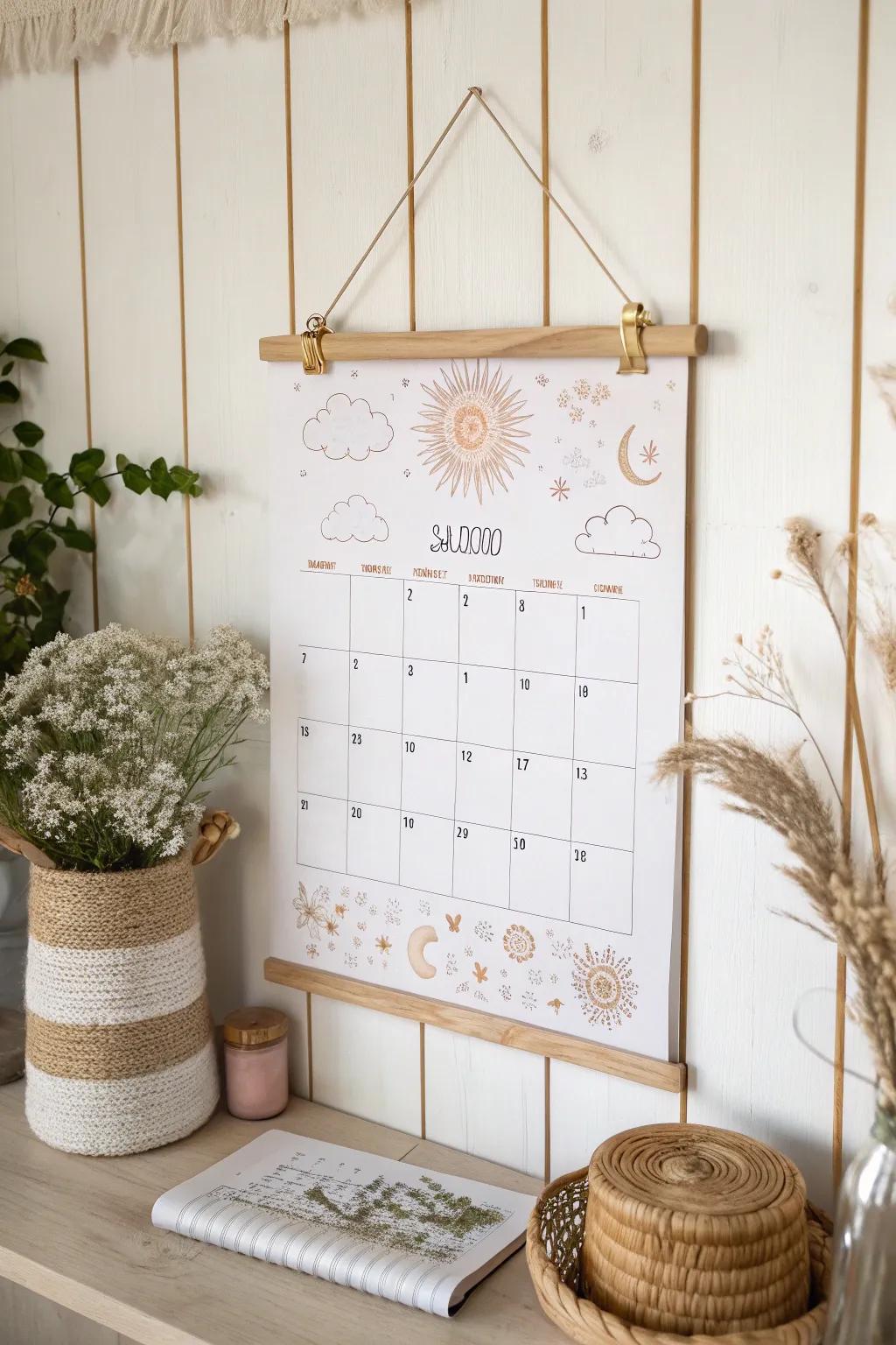 Embrace the sunshine and simplicity with a minimalist whiteboard calendar, a perfect blend of Scandinavian style and Boho charm.
