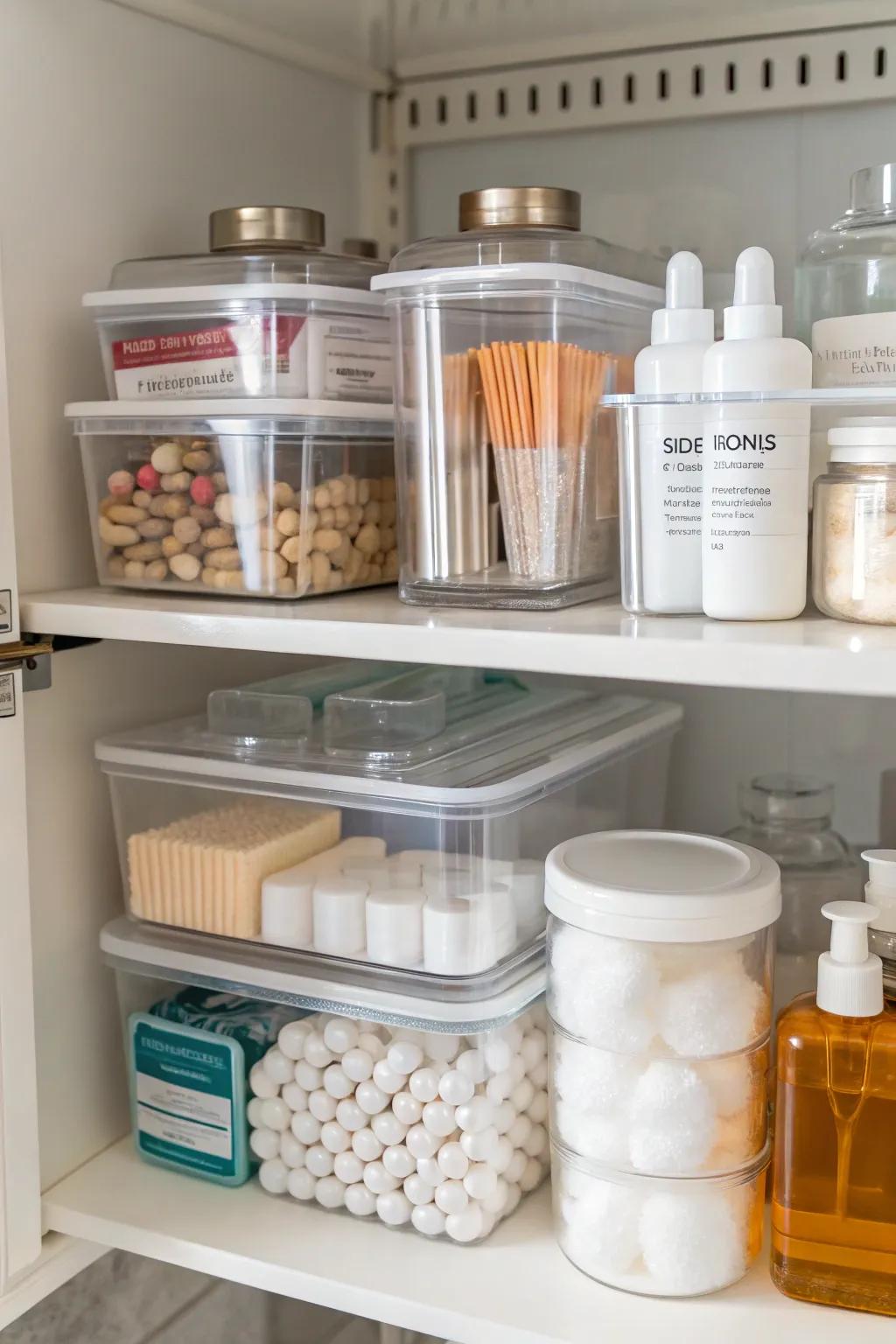 Transparent storage containers offer quick access to frequently used items.