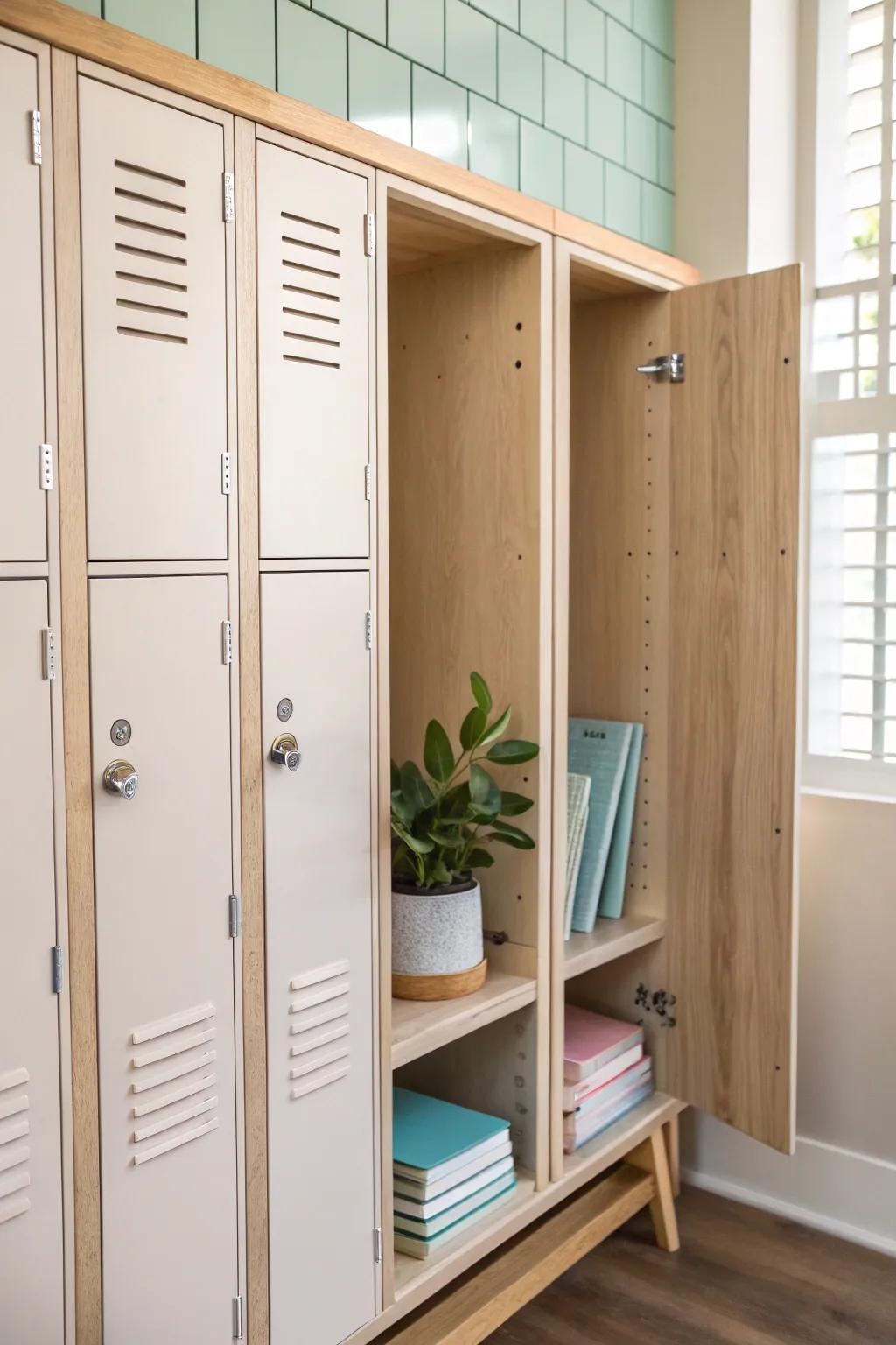 Elevate your locker organization with Scandinavian-inspired shelves that combine simplicity and natural beauty.