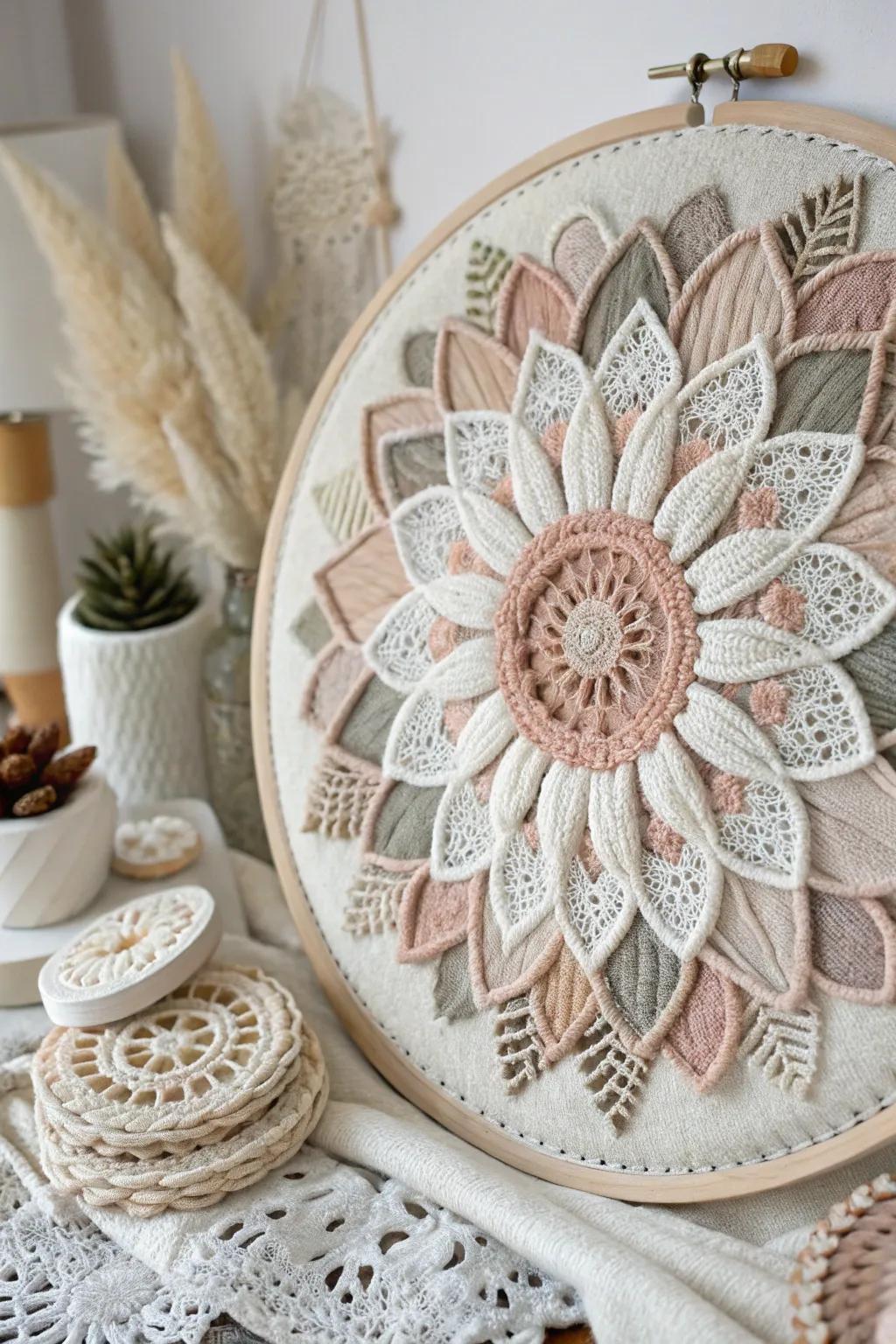 Discover the tactile charm of mixed media art with this textural tapestry that adds warmth and elegance to any space.