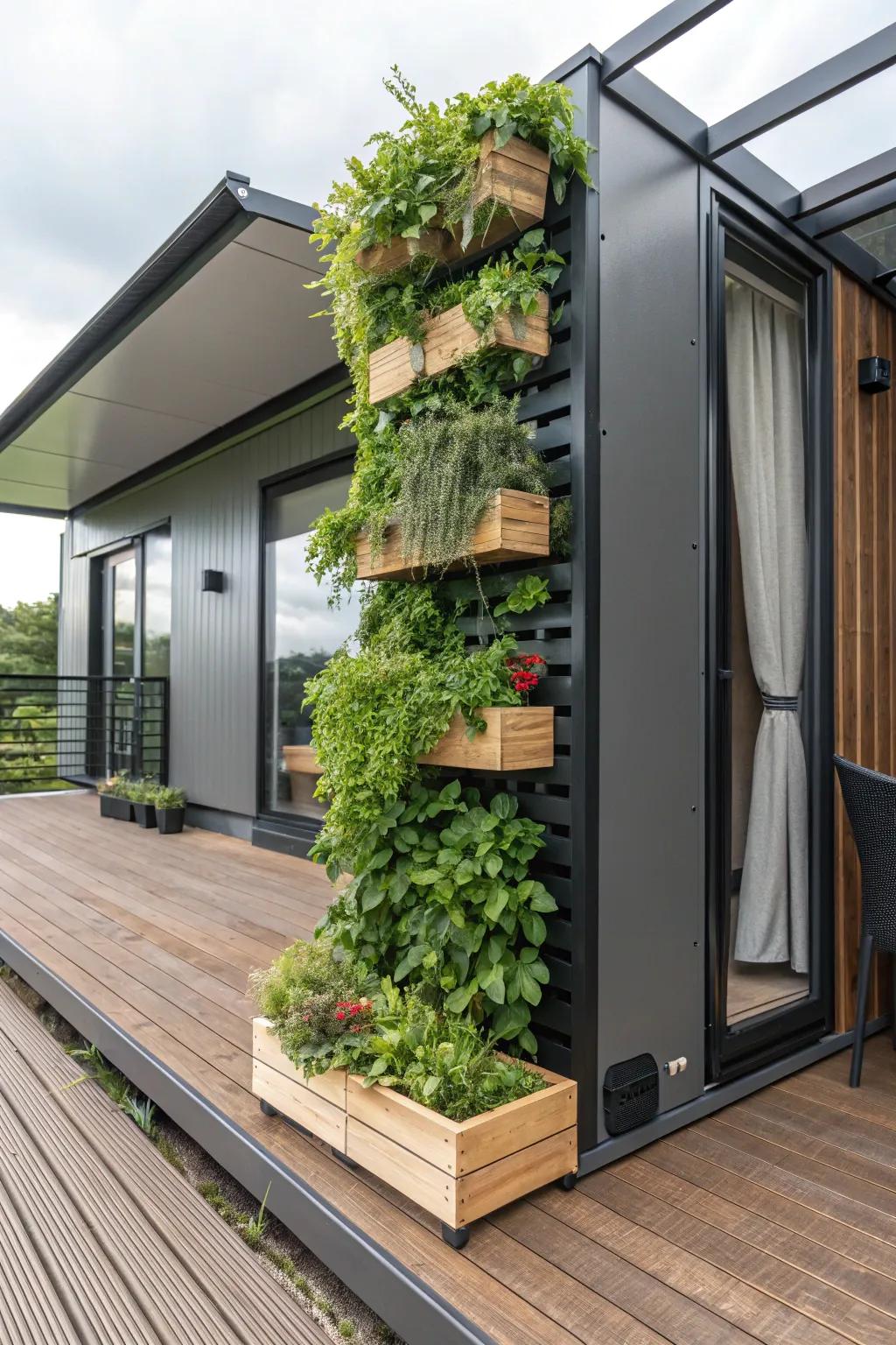 Elevate your mobile home deck with a stunning vertical garden – where nature meets design excellence.