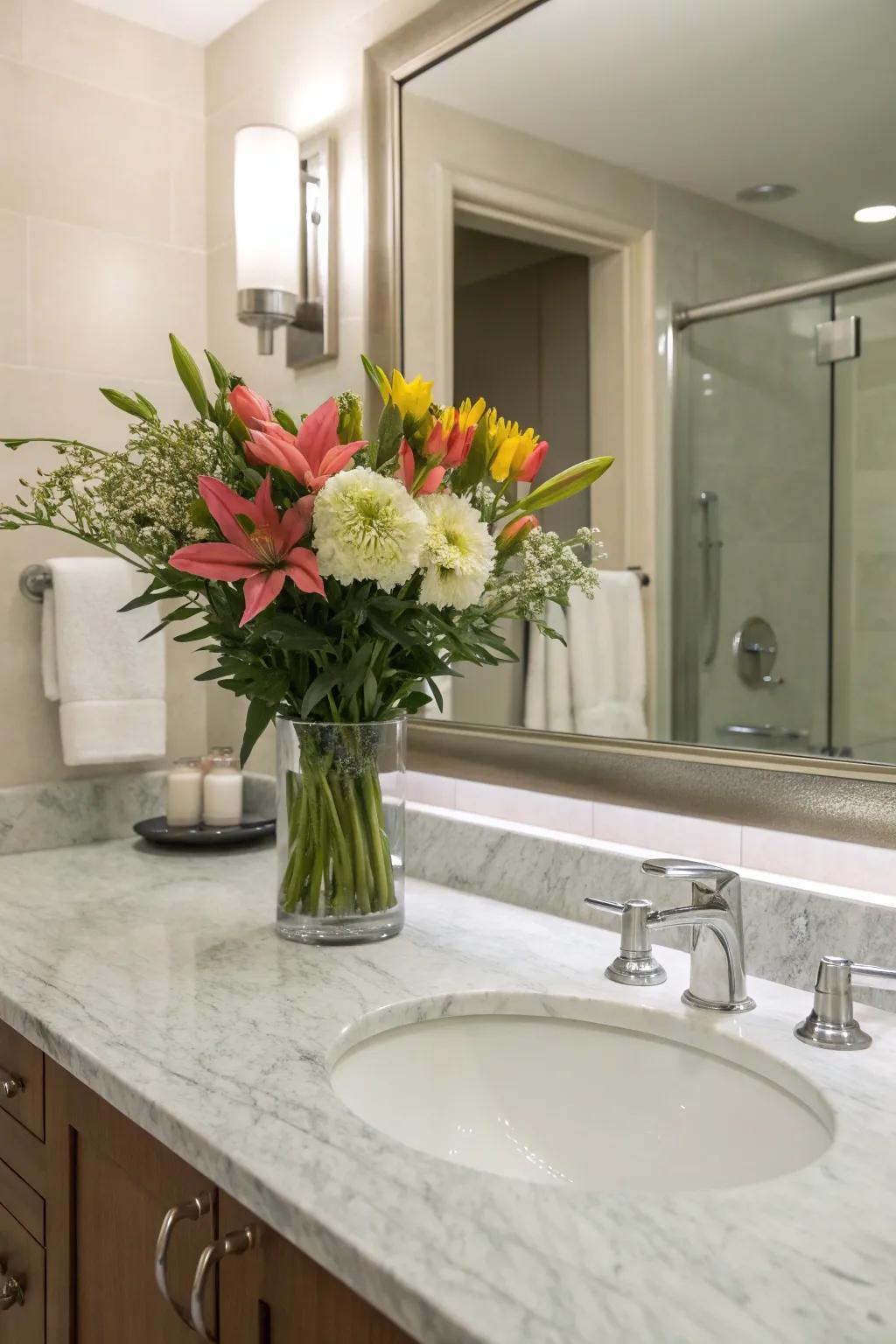 Fresh flowers add a touch of nature to this glam bathroom setting.