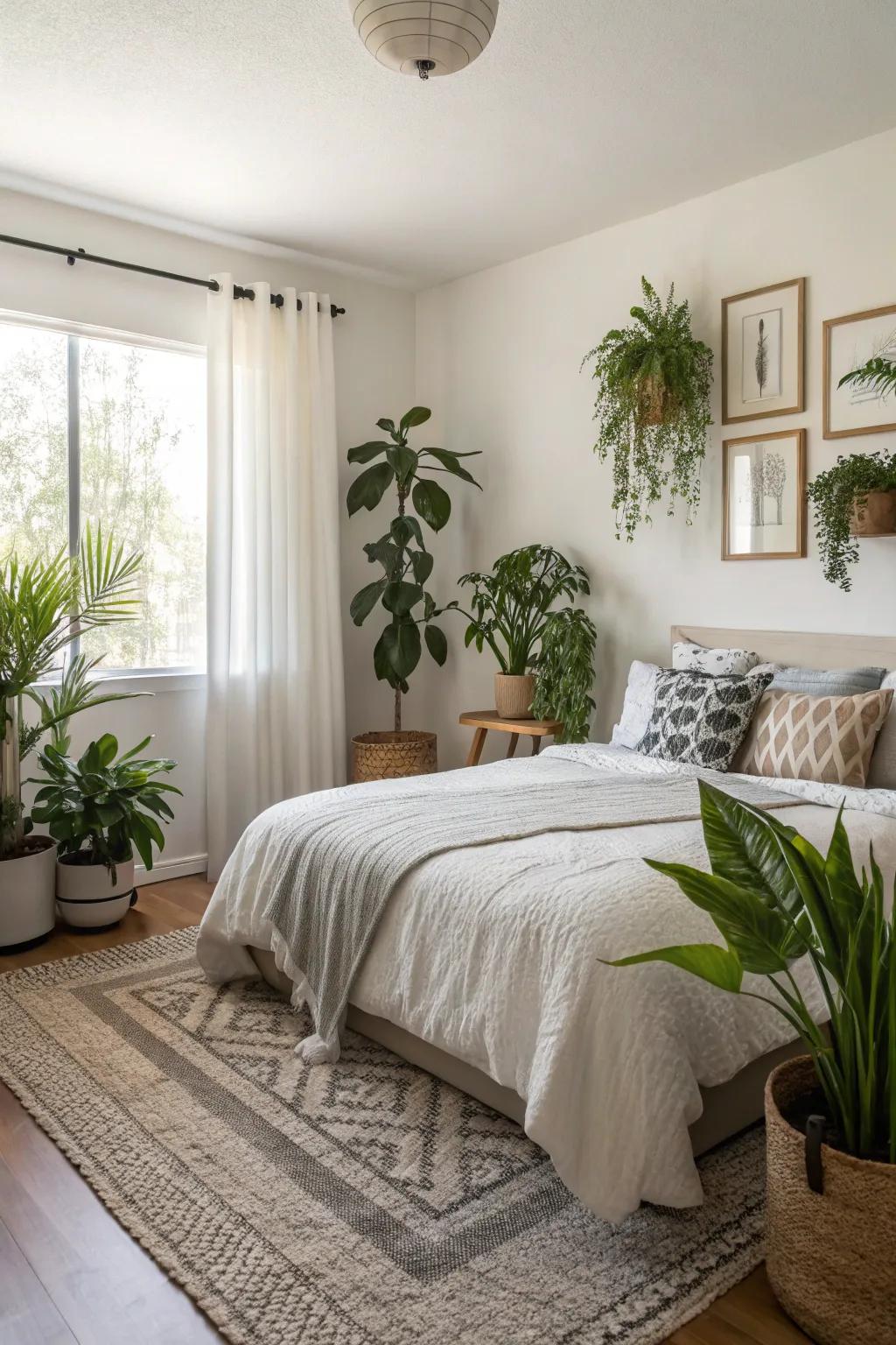 Plants introduce natural tranquility to this guest bedroom.