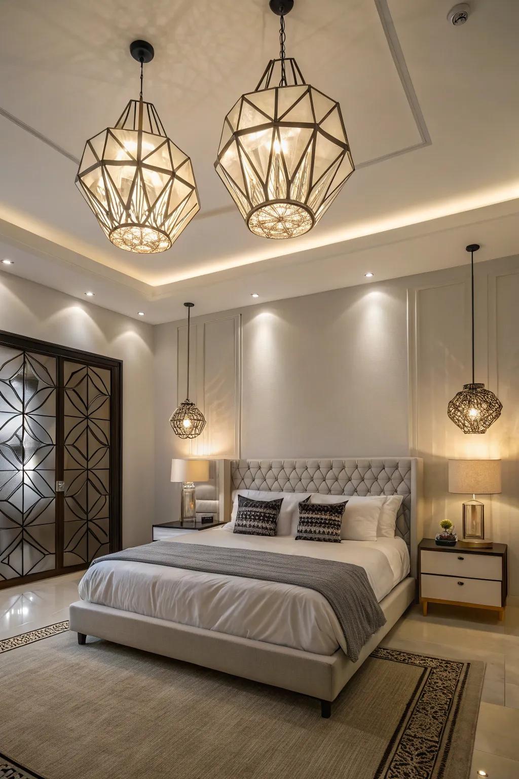 Geometric lighting adding modern flair to a chic bedroom