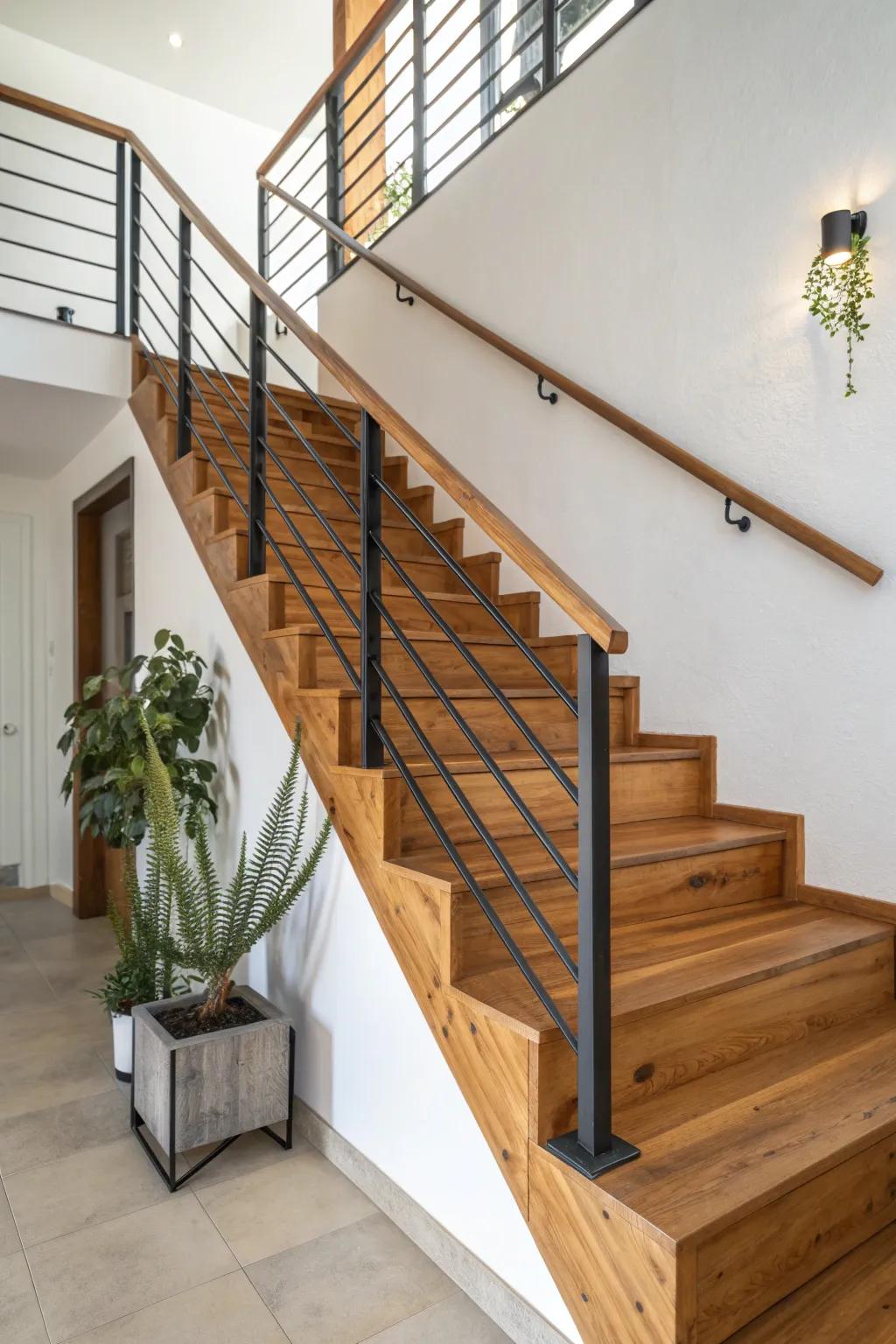 Elevate your staircase with a blend of wood and metal for a chic, industrial look.
