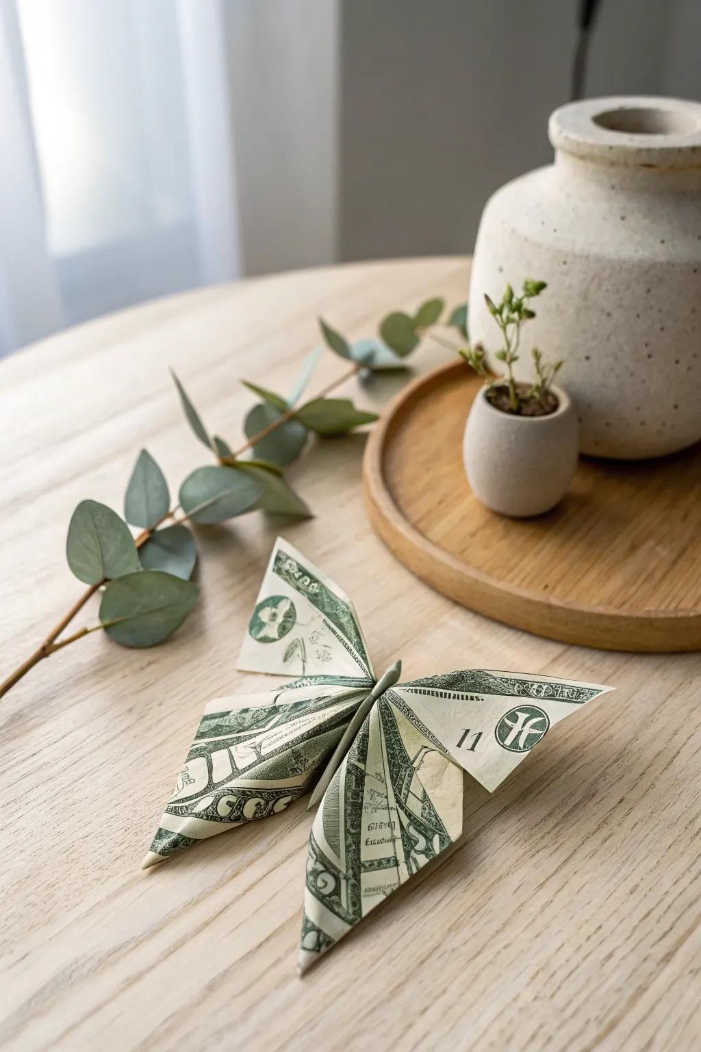 Transform your decor with the charming elegance of a money origami butterfly.
