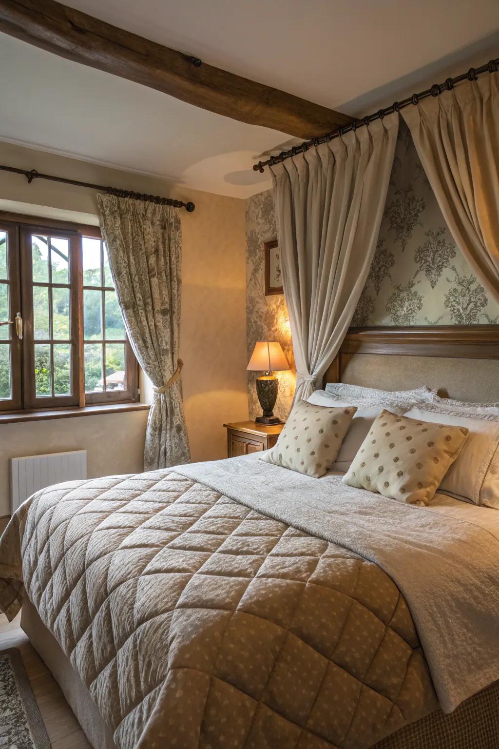 Textured fabrics in the bedding and curtains create a layered look.