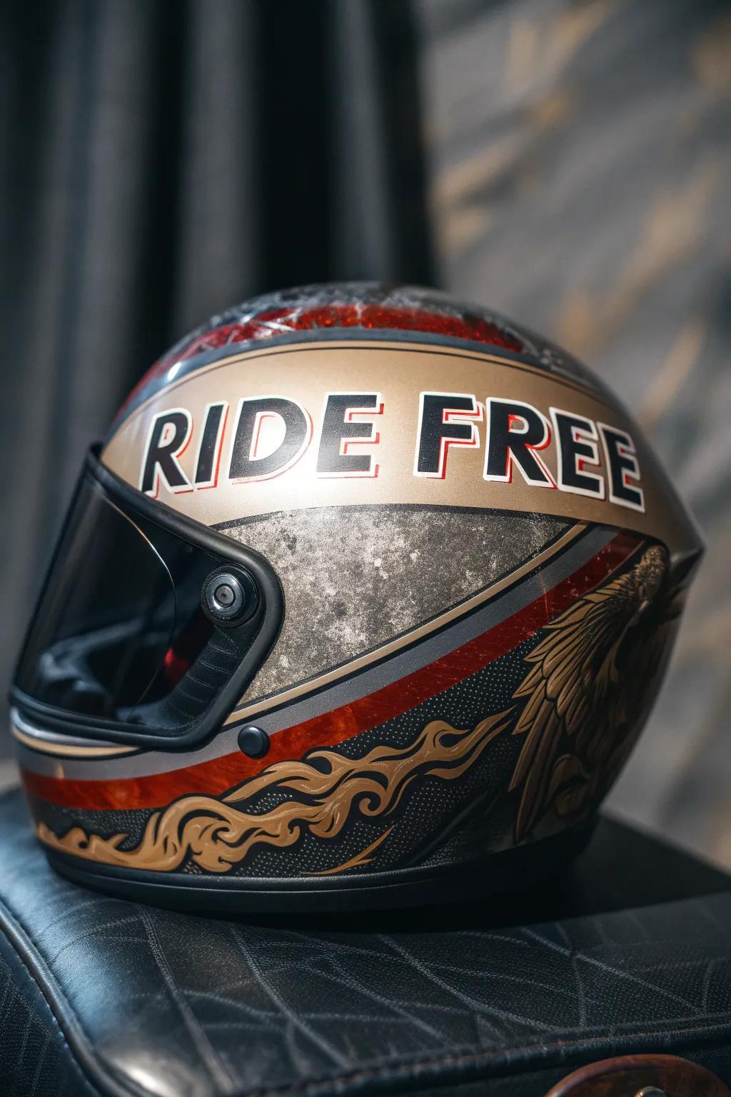 Express your passion with a personalized helmet motto: 'Ride Free'.