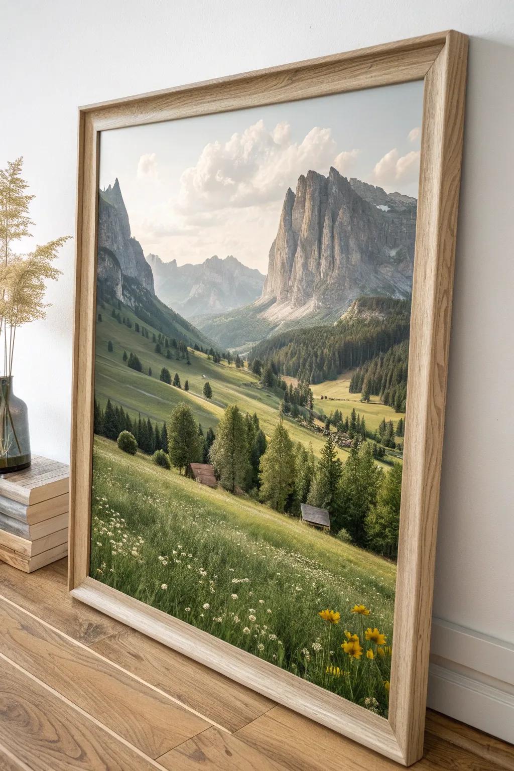 Embrace the serene beauty of valleys and meadows against majestic mountain peaks in this minimalist masterpiece.