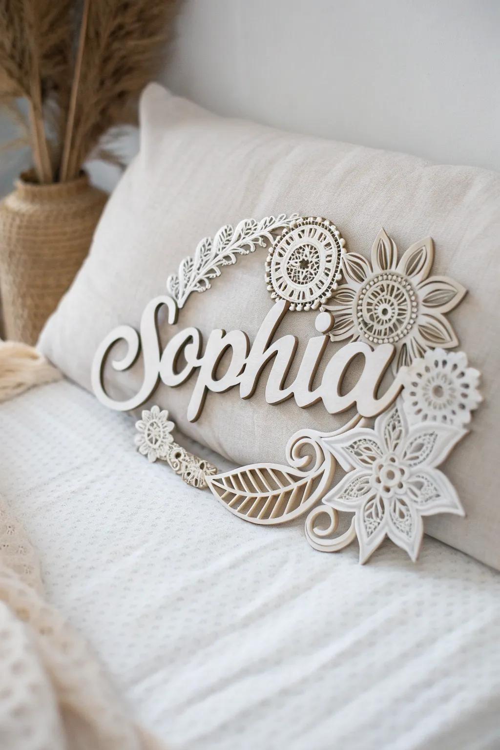Discover the beauty of negative space with this enchanting 'Sophia' name art, where patterns bring elegance and simplicity to life.