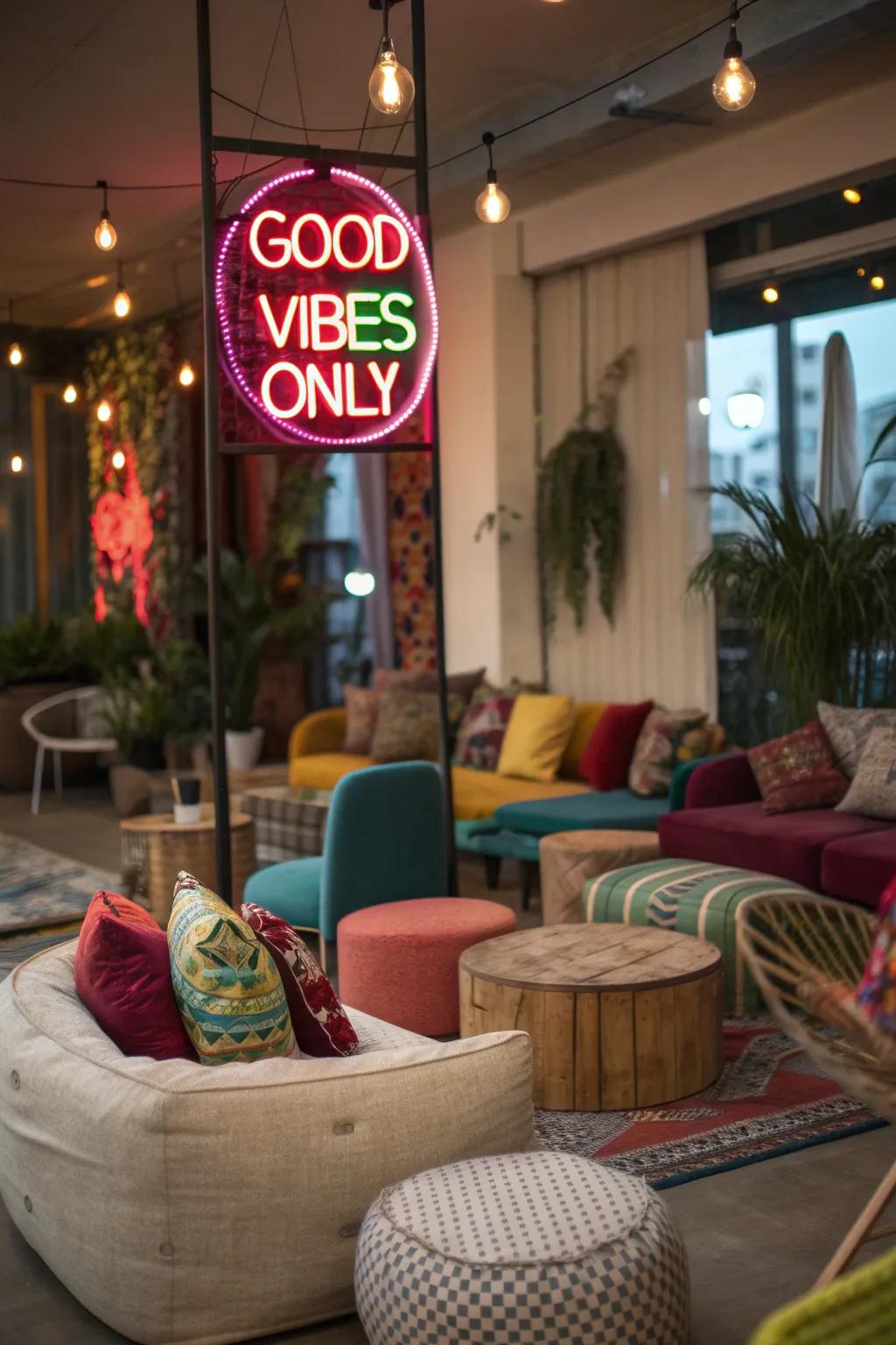A lively living room with a 'Good Vibes Only' neon sign.